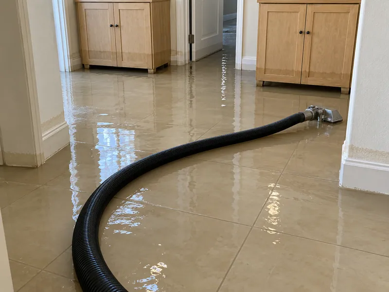 Water Extraction in Burleson — unbranded pickup hose over a flooded tile hall